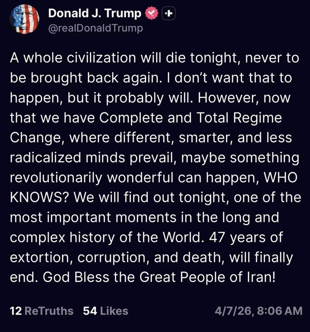 He’s lost it…threatening genocide and we need 25th amendment now. We might have…
