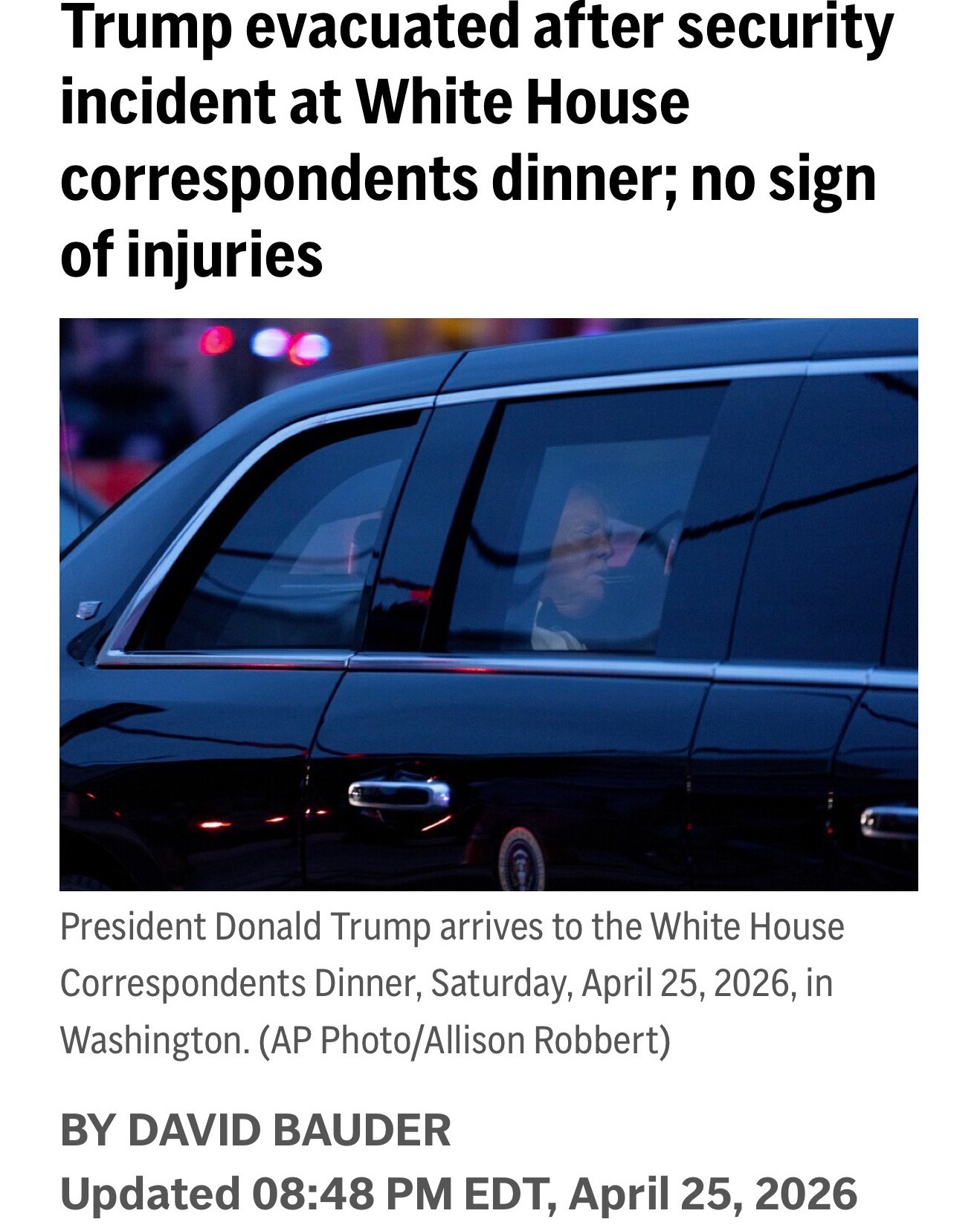 Trump uninjured after security incident at White House correspondents dinner;…